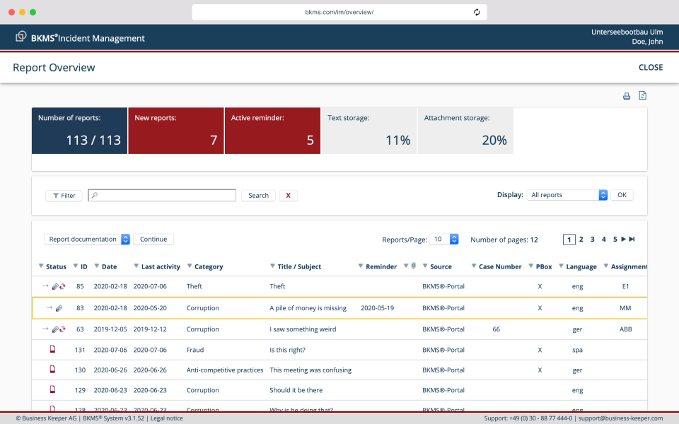 screenshot of BKMS Compliance System